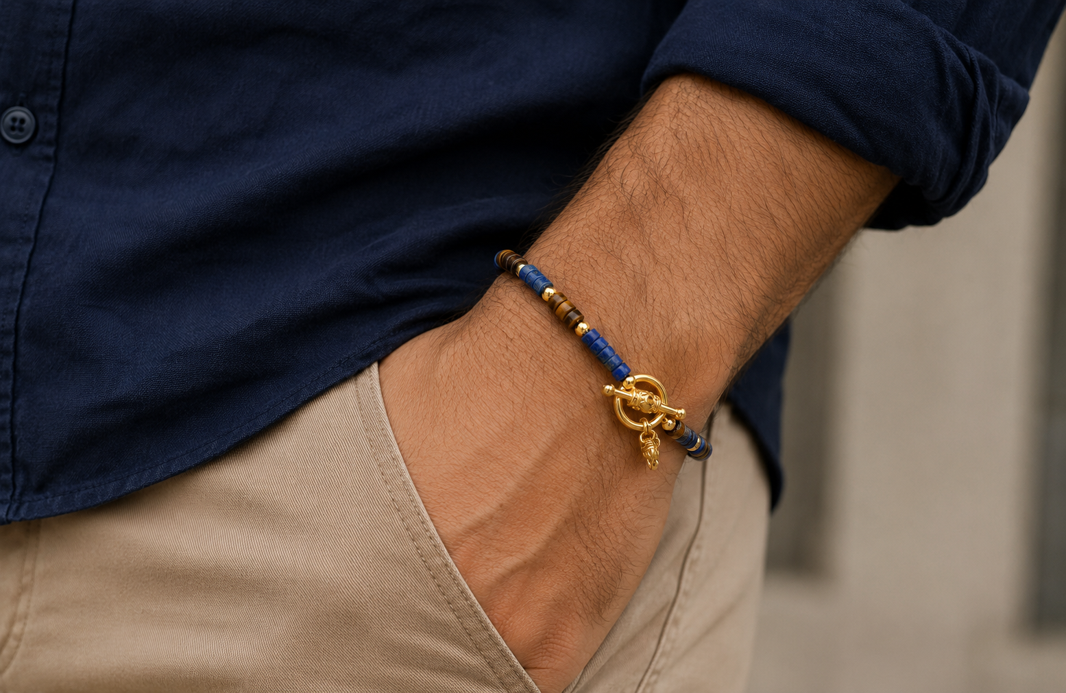 Lapis Lazuli & Tiger’s Eye Men’s Bracelet – Gold Plated Sterling Silver
