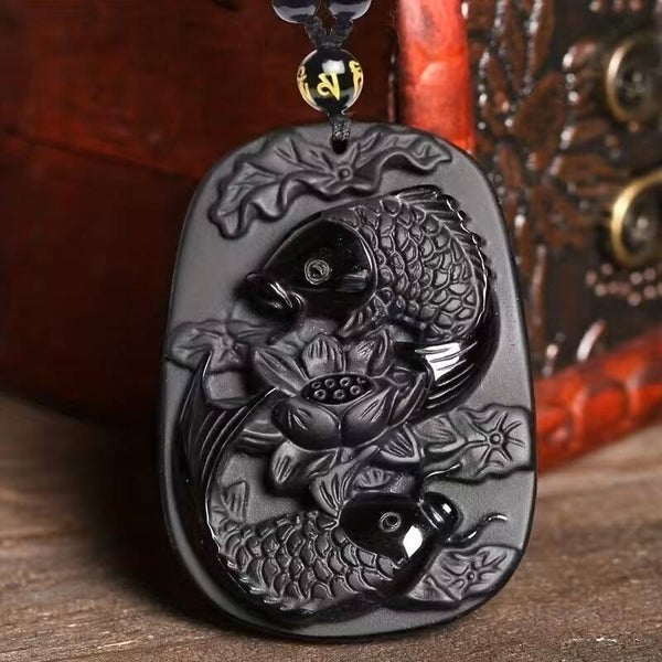 Hand-Carved Obsidian Koi & Lotus Pendant Necklace