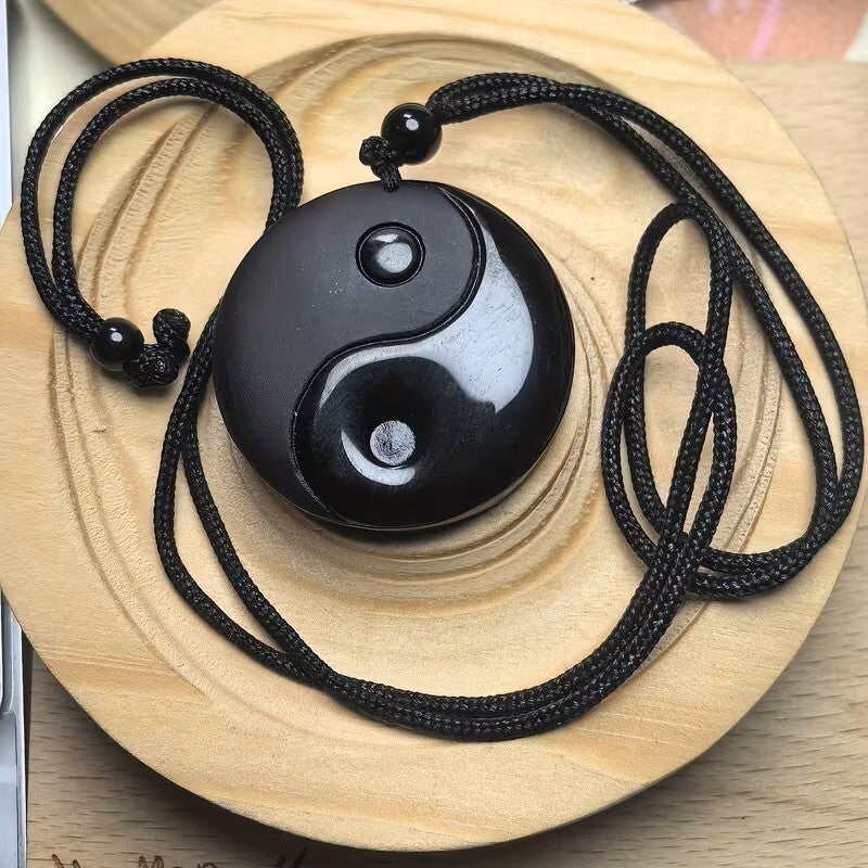 Hand-Carved Obsidian Yin Yang Bagua Pendant – Adjustable Cord Necklace