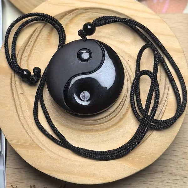 Hand-Carved Obsidian Yin Yang Bagua Pendant – Adjustable Cord Necklace