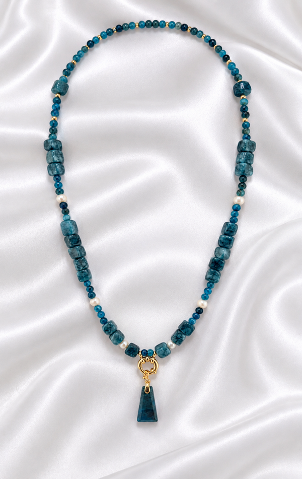 Beautiful Natural Blue-Green Apatite & Freshwater Pearl Necklace