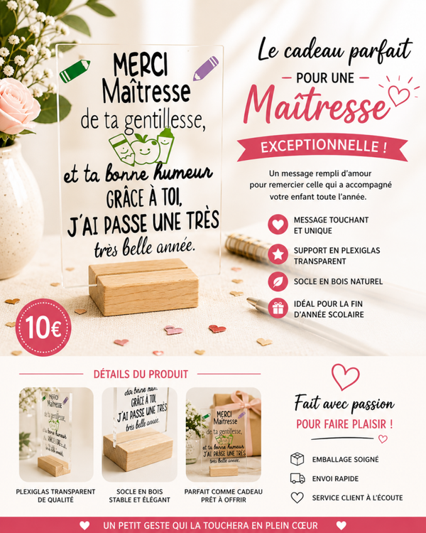 Plaque Plexiglas “Merci Maîtresse” – Cadeau de fin d’année