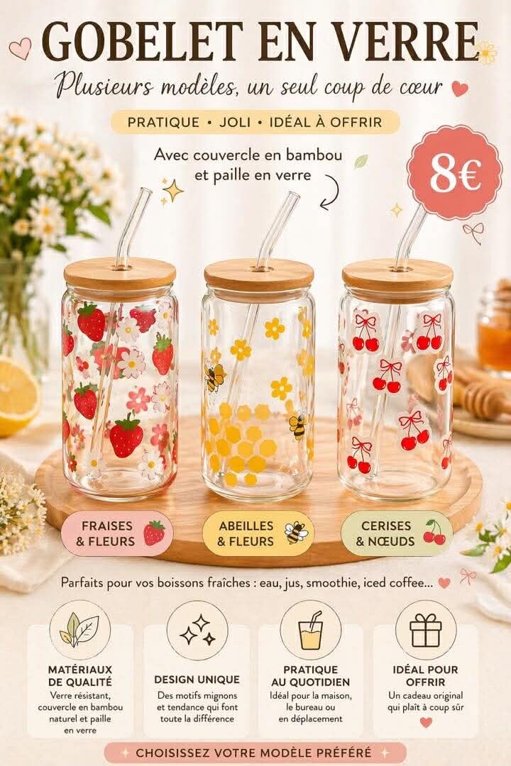 Gobelet en verre personnalisé avec couvercle bambou et paille