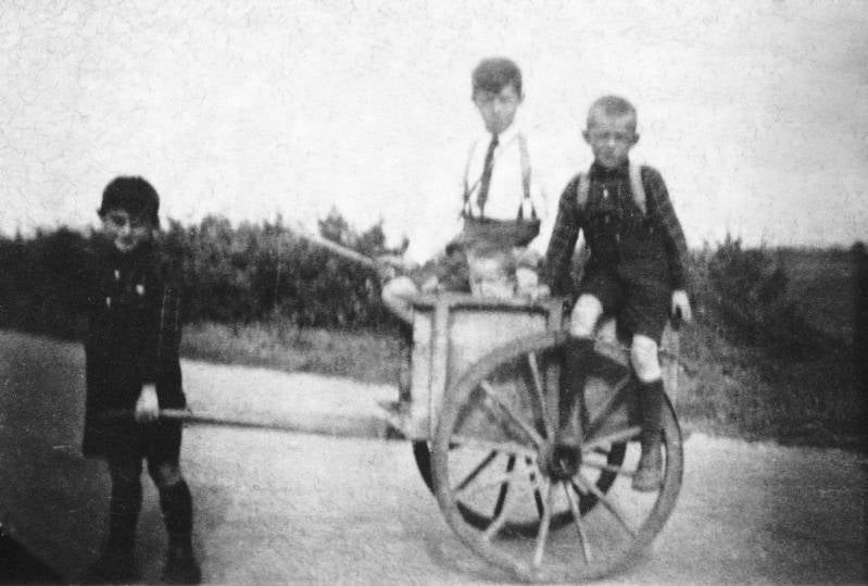 Kinderen Buud, Kees, Toon en Nico van Sambeek, spelend met de hondenkar op de Hoogeweg