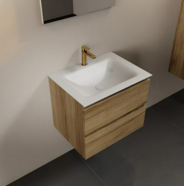 AIVY 60cm badmeubel Chai, wastafel Talc solid surface midden 1 kraangat met Spiegel