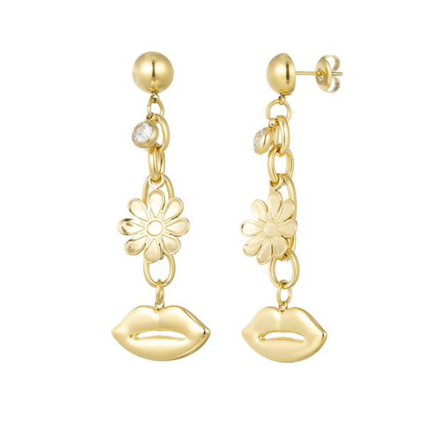 Bloem lippen oorbellen goud