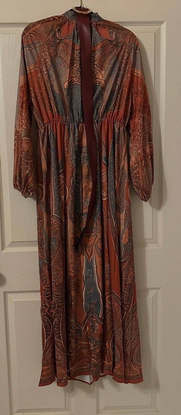 New Rust Blue Paisley Long Sleeve Maxi Dress Very Long Size Medium
