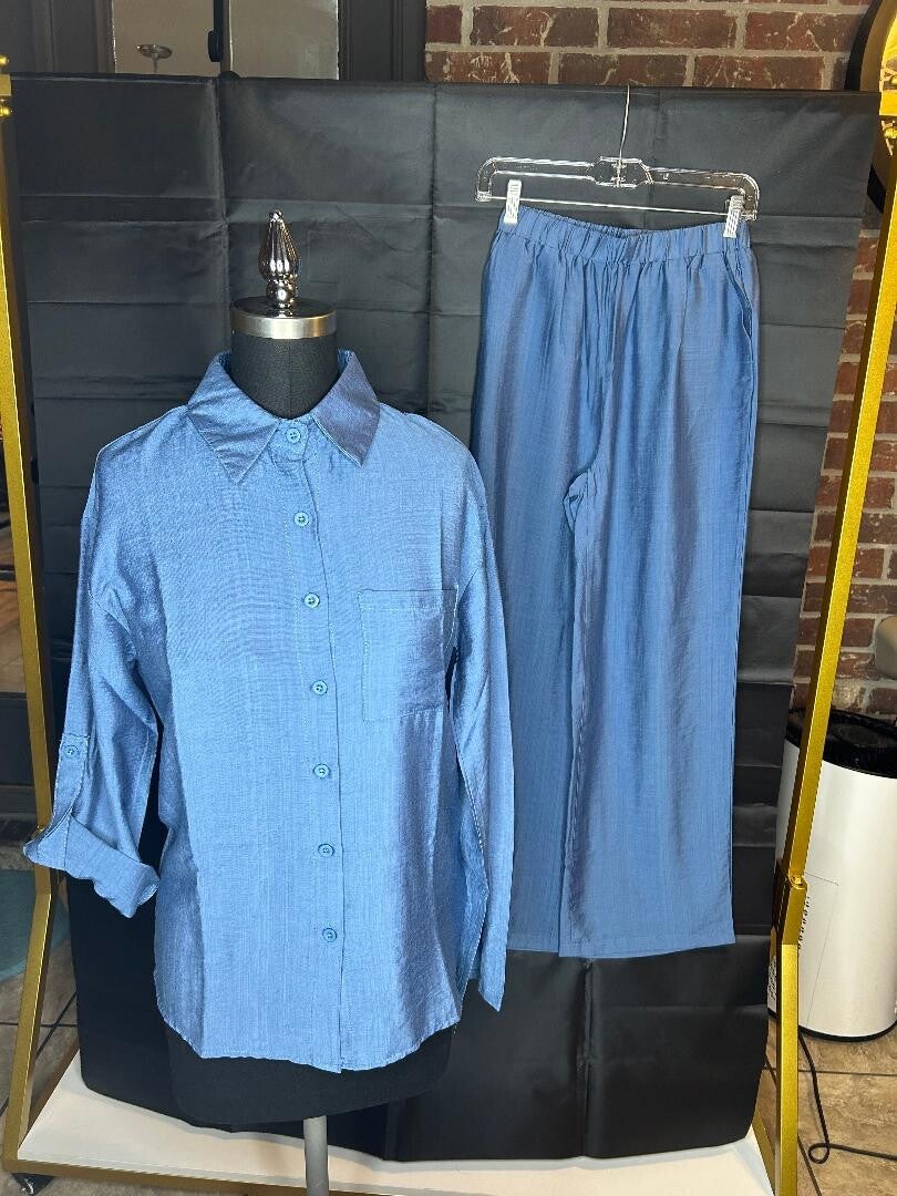 Teal Two-Piece Shirt and Pants Set