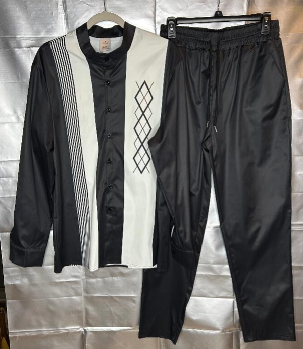 Men's Black White Striped Diamond Pattern Shirt Pants Set