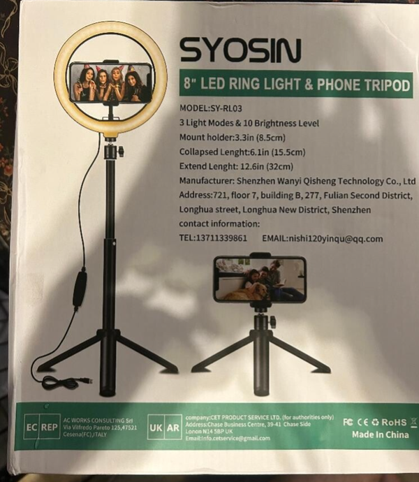 M94.  Syosin 8"M94.   LED Ring Light Adjustable Brightness Tripod SY-RL03