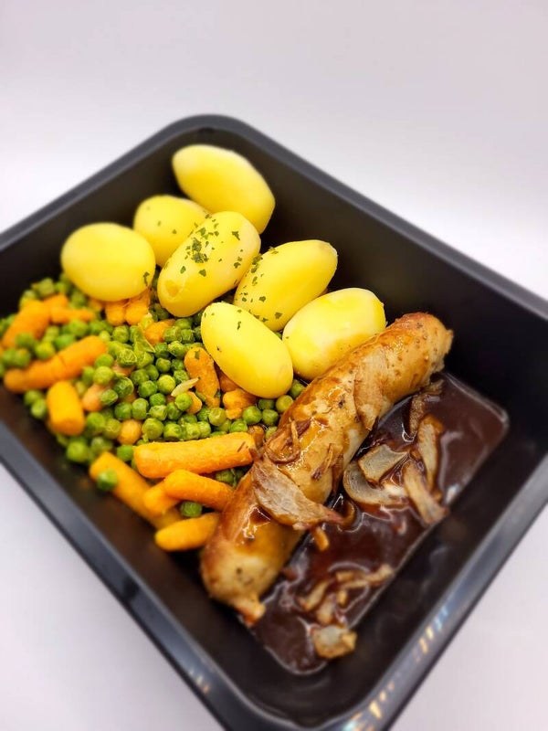 Braadworst, krieltjes, erwt&wortel