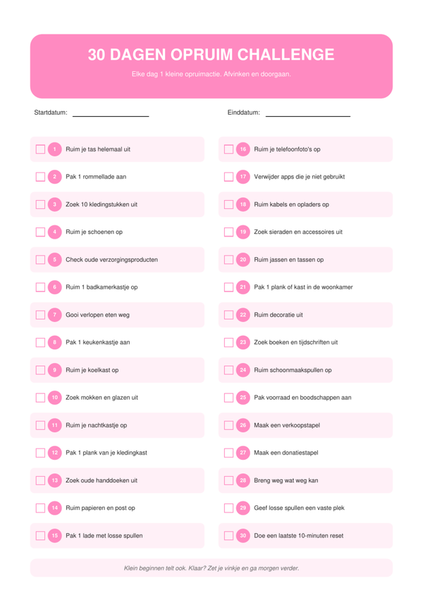 30 Dagen Opruim Challenge Printable | Opruimen & Organiseren