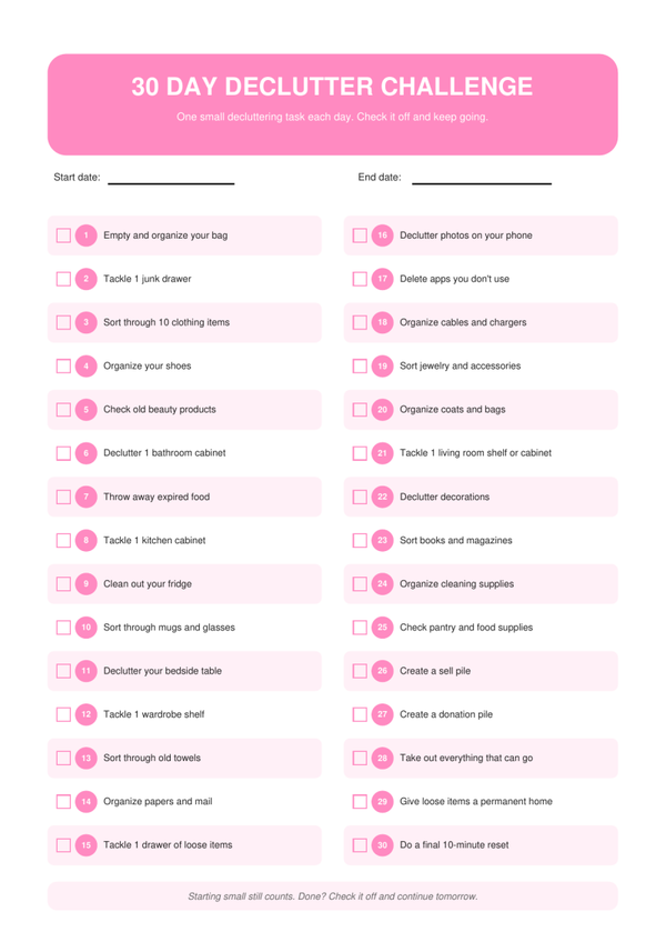30 Day Declutter Challenge Printable | Home Organization Checklist