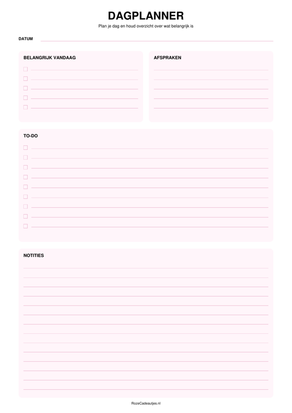 Roze Dagplanner Printable | To-Do, Afspraken & Notities