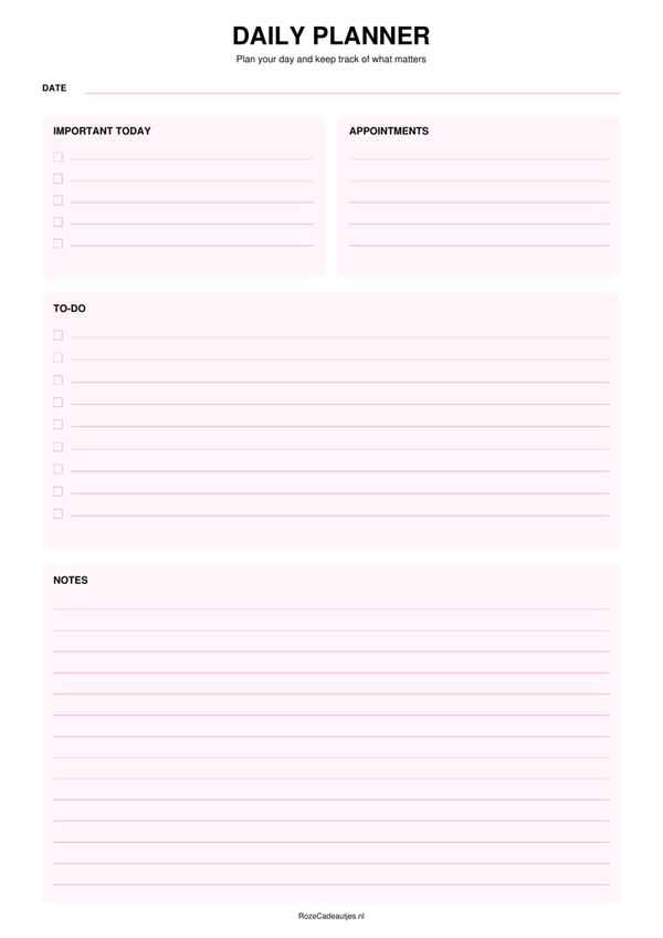 Pink Daily Planner Printable | To-Do, Appointments & Notes