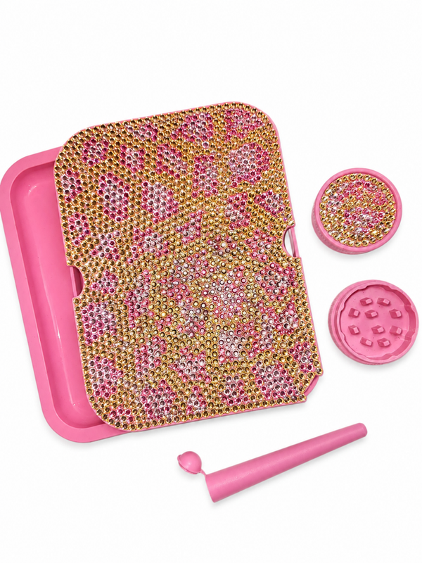 Roze Luipaard Strass Rolling Tray Set