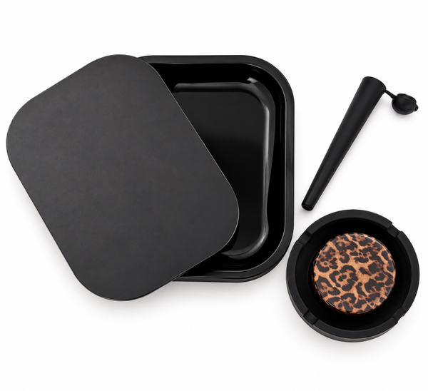 Zwarte Rolling Tray Set | Luipaard Grinder & Accessoires