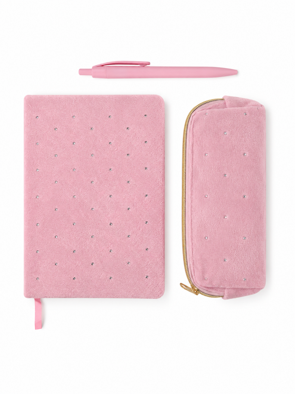 Roze Velvet Schrijfset met Steentjes