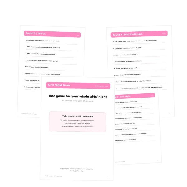 Girls Night Game | Printable Party Game for Friends | 40 Questions & Challenges