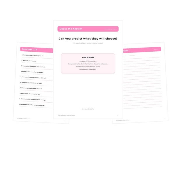 Guess the Answer | Printable Party Game | 20 Questions