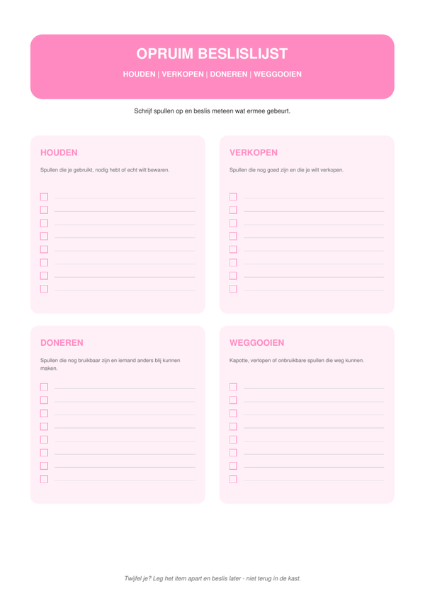 Opruim Beslislijst | Houden Verkopen Doneren Weggooien | Printable
