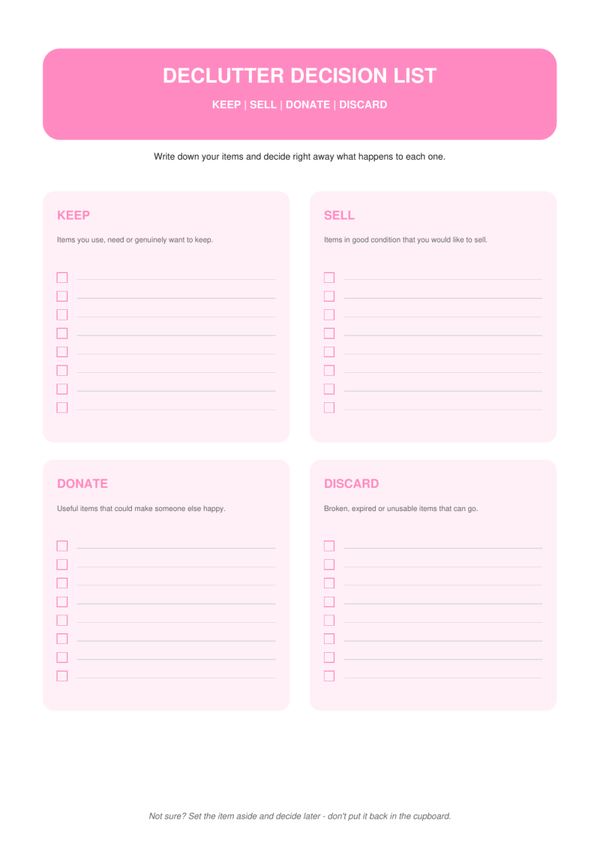 Declutter Decision List | Keep Sell Donate Discard | Printable