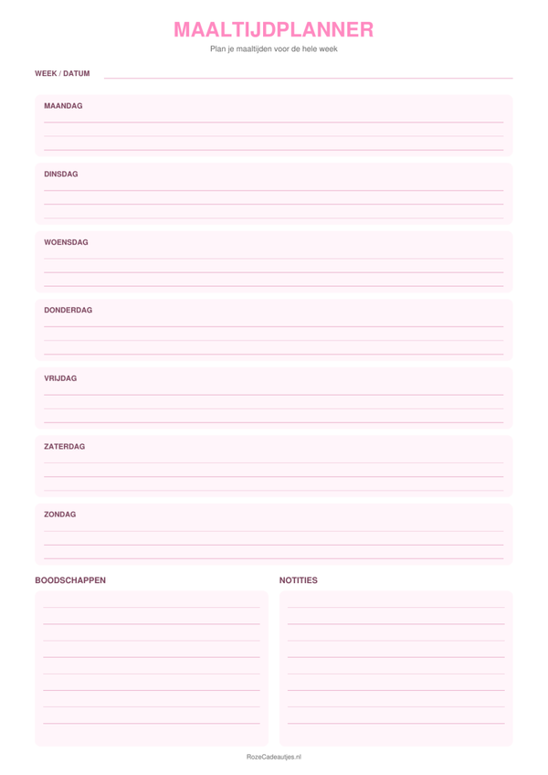 Roze Maaltijdplanner Printable | Weekmenu & Boodschappenlijst