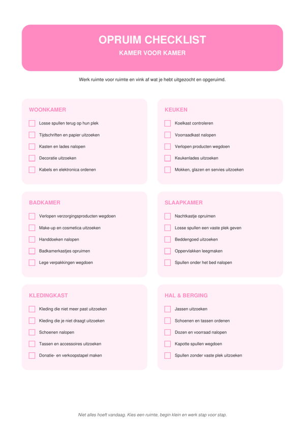 Opruim Checklist Kamer voor Kamer | Printable