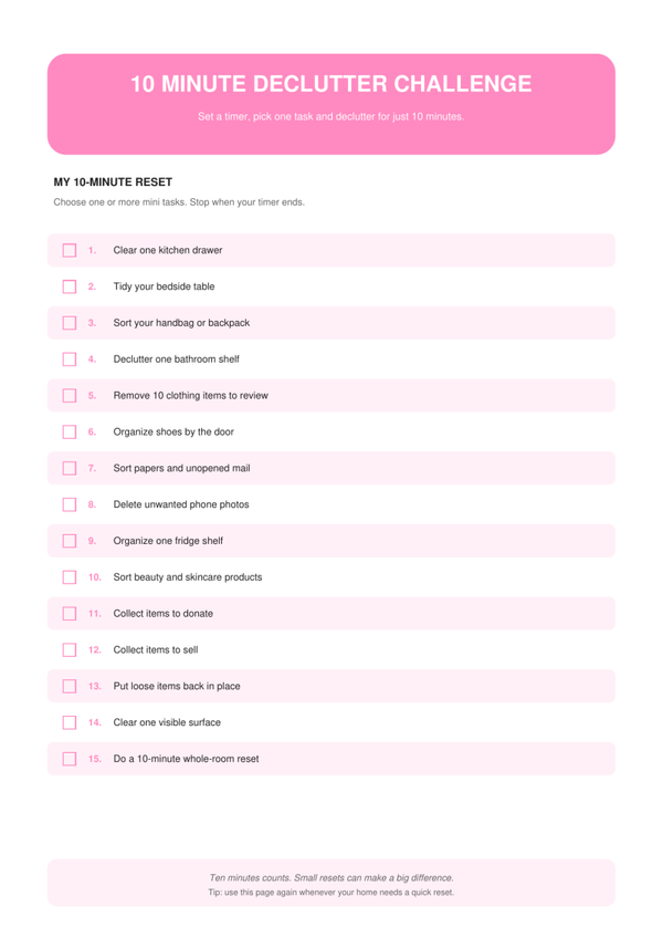 Pink 10 Minute Declutter Challenge | Home Reset Printable