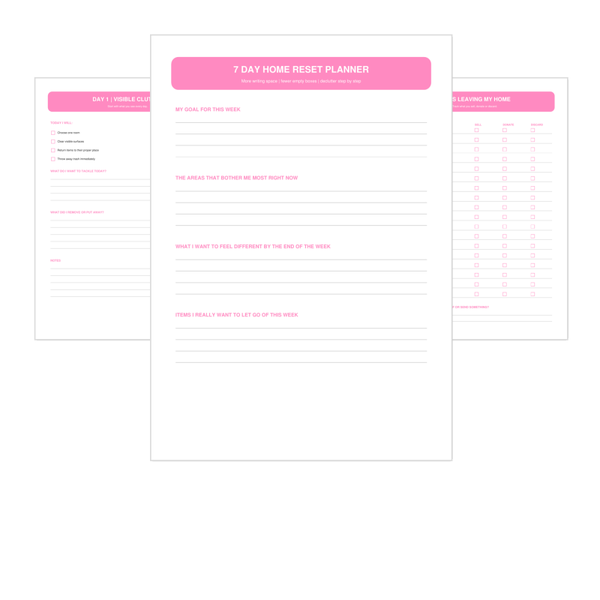 Pink 7 Day Home Reset Planner | Declutter Printable