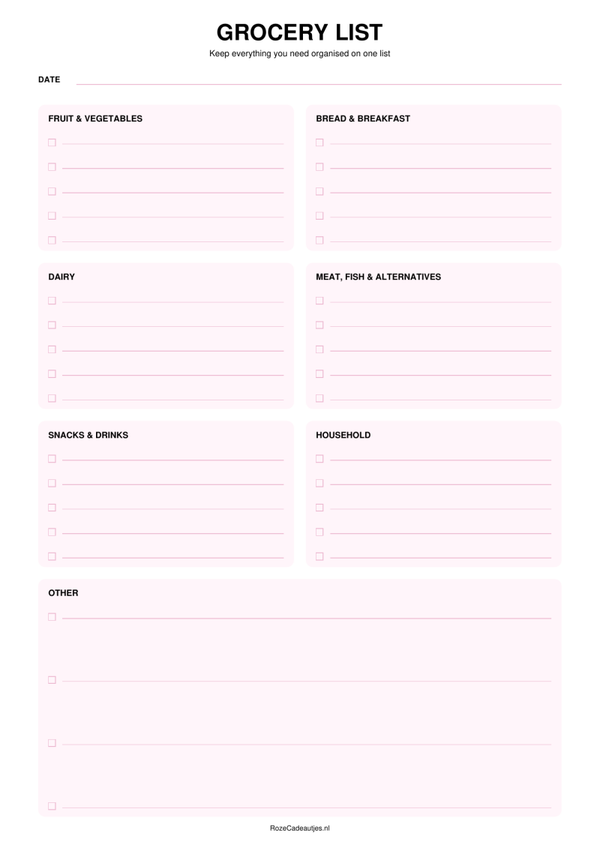 Pink Grocery List Printable | Shopping List