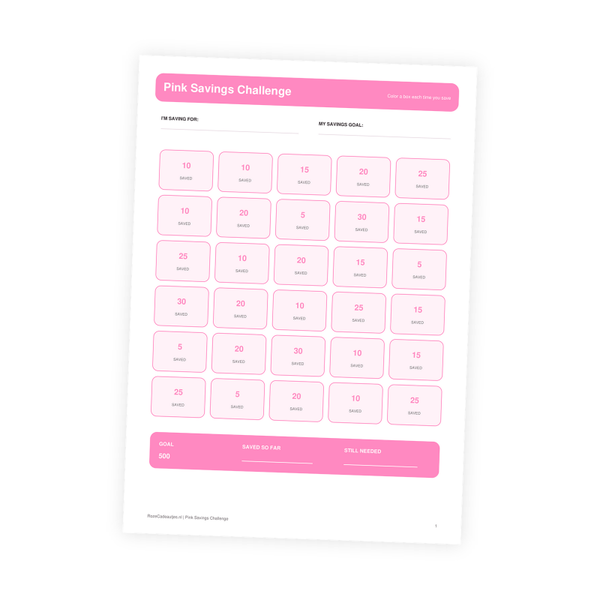 Pink Savings Challenge 500 PDF | Printable Savings Tracker