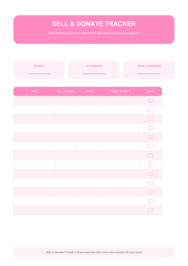 Pink Sell & Donate Tracker | Declutter Printable