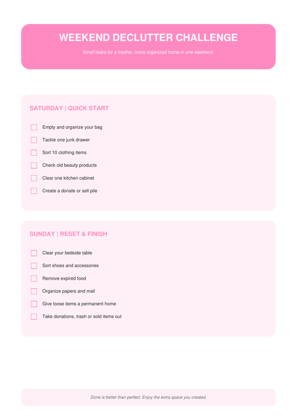 Pink Weekend Declutter Challenge | Home Reset Printable
