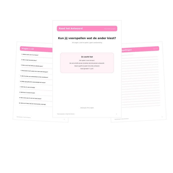 Raad het Antwoord | Printable Partyspel | 20 Vragen