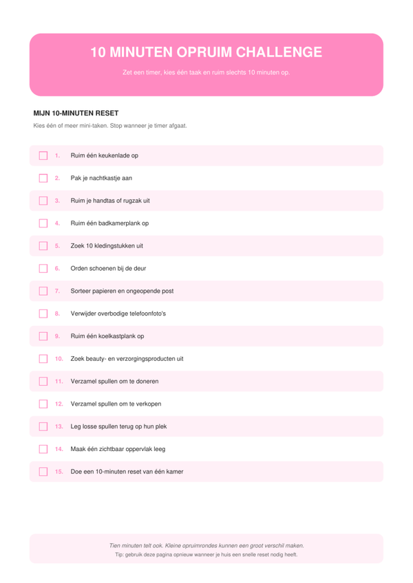 Roze 10 Minuten Opruim Challenge | Declutter Printable