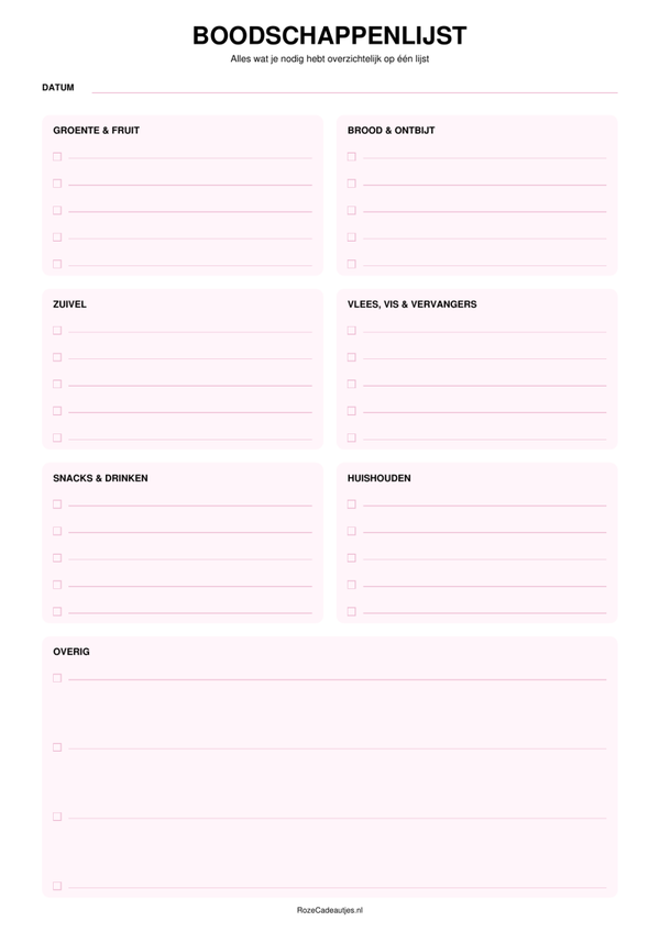 Roze Boodschappenlijst Printable | Handige Winkellijst