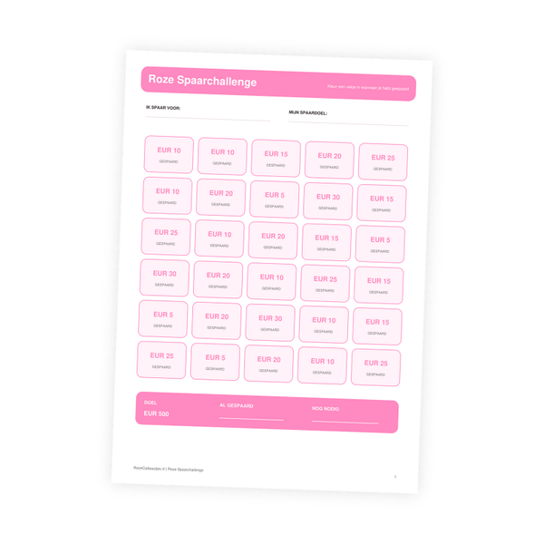 Roze Spaarchallenge €500 PDF | Printbare Spaartracker