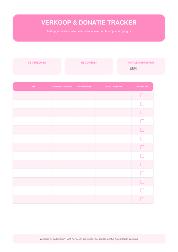 Roze Verkoop & Donatie Tracker | Opruim Printable