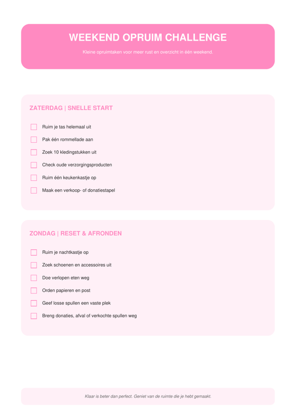 Roze Weekend Opruim Challenge | Declutter Printable
