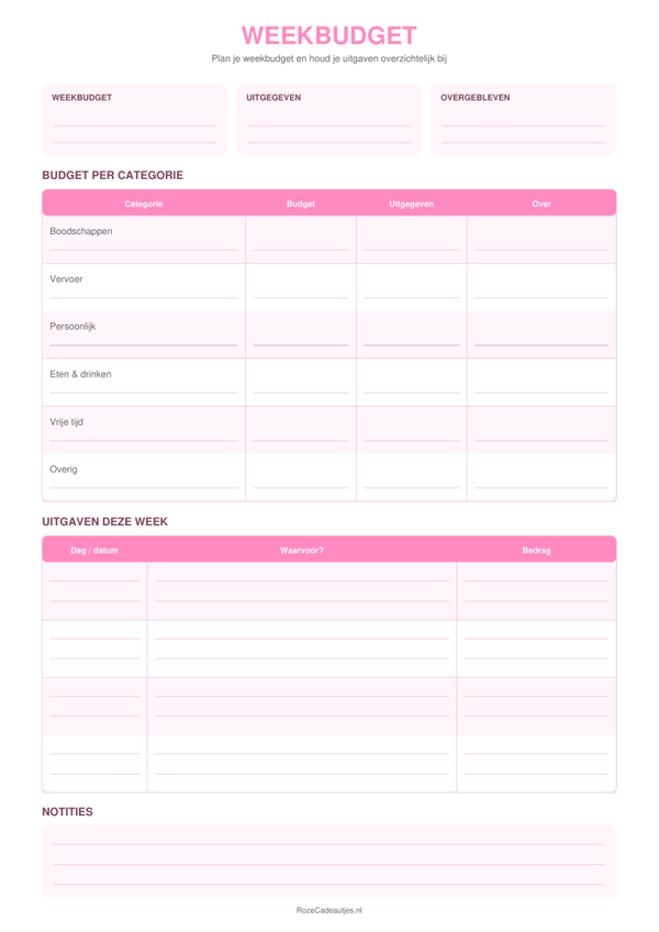 Weekbudget Printable | Budget & Uitgaven Overzicht