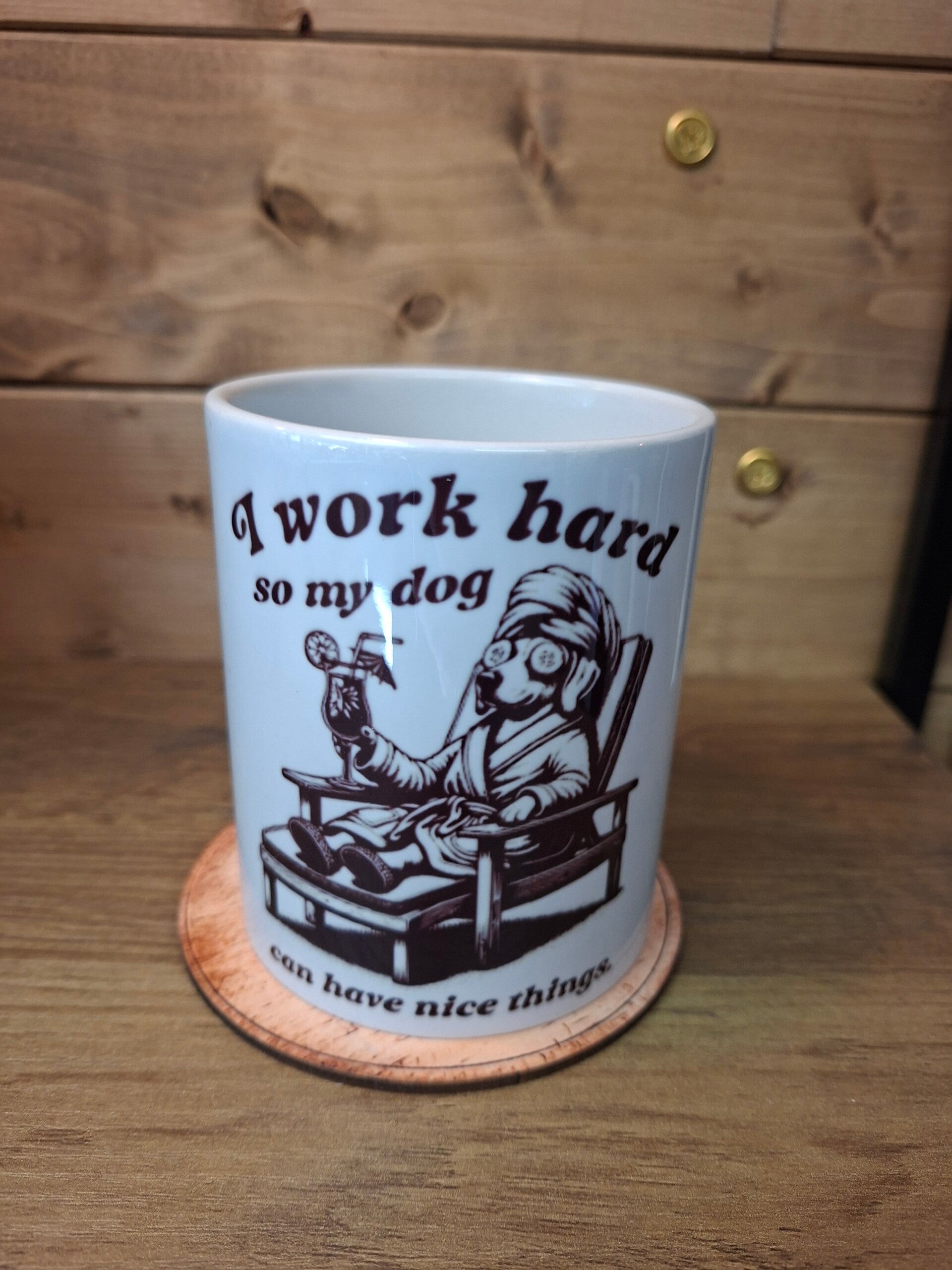 I work hard dog mug