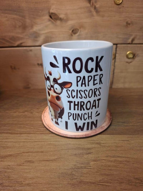 Rock, paper, scissors throat punch mug