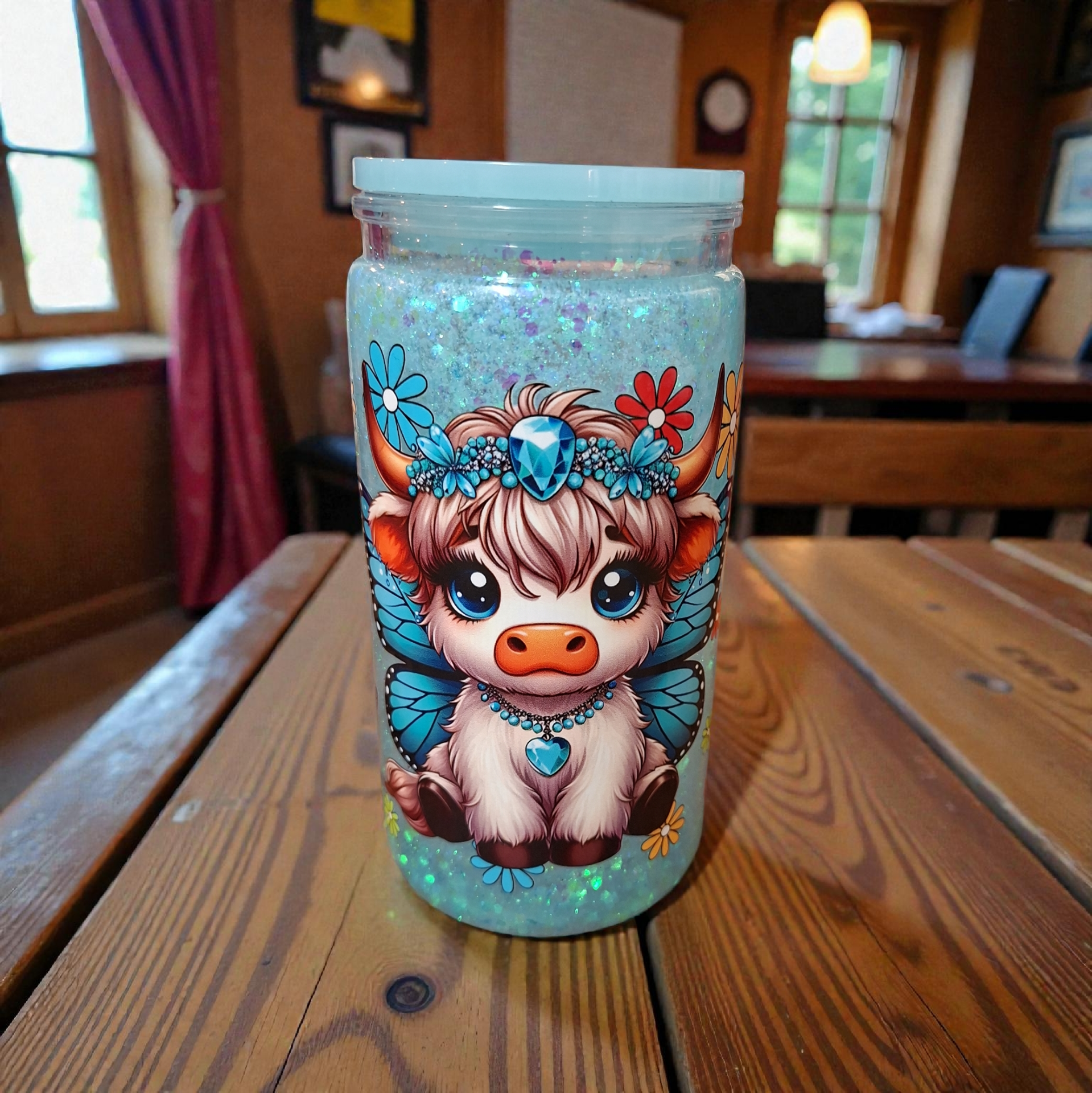 Highland cow blue glitter tumbler