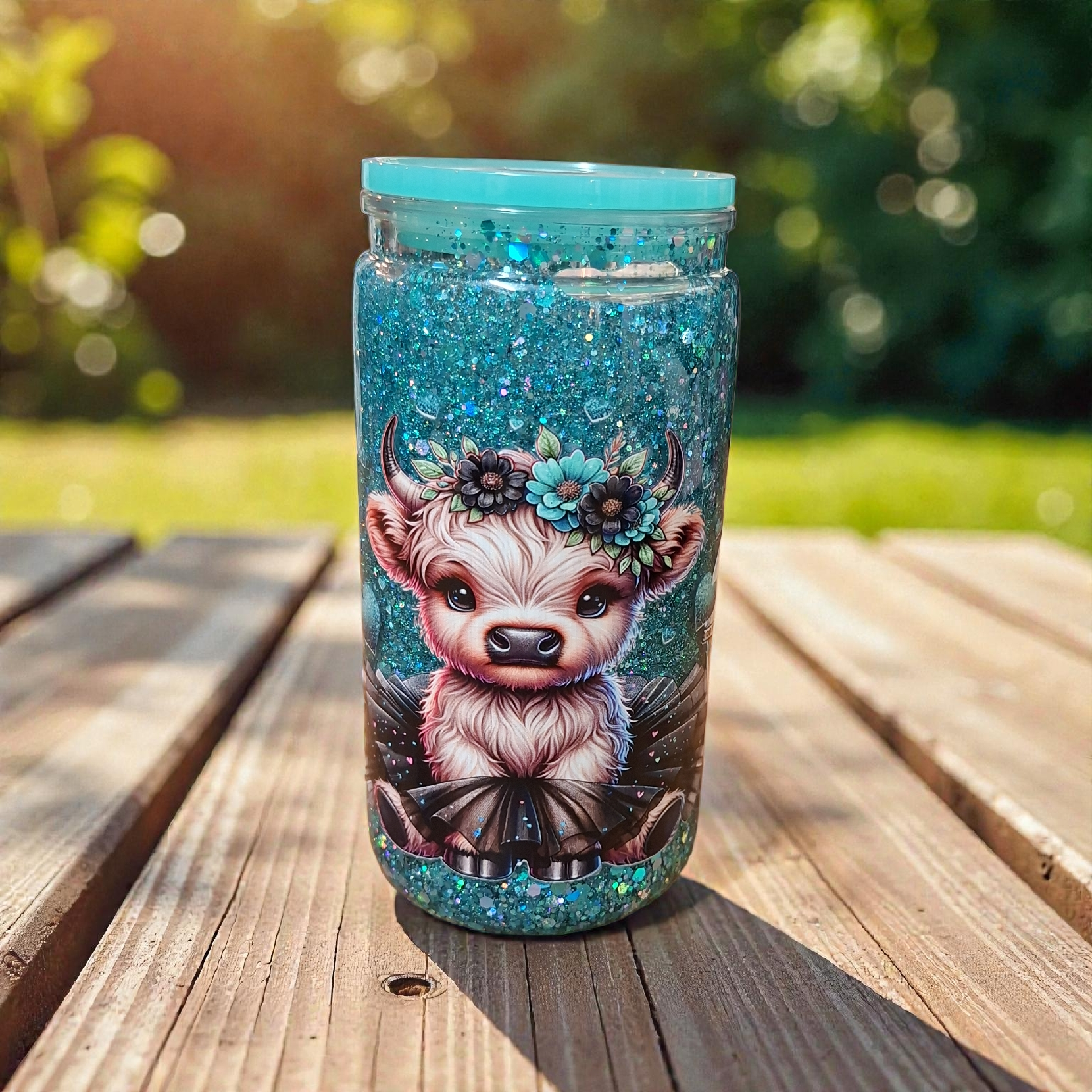Teal ice coffee addict highland glitter tumbler