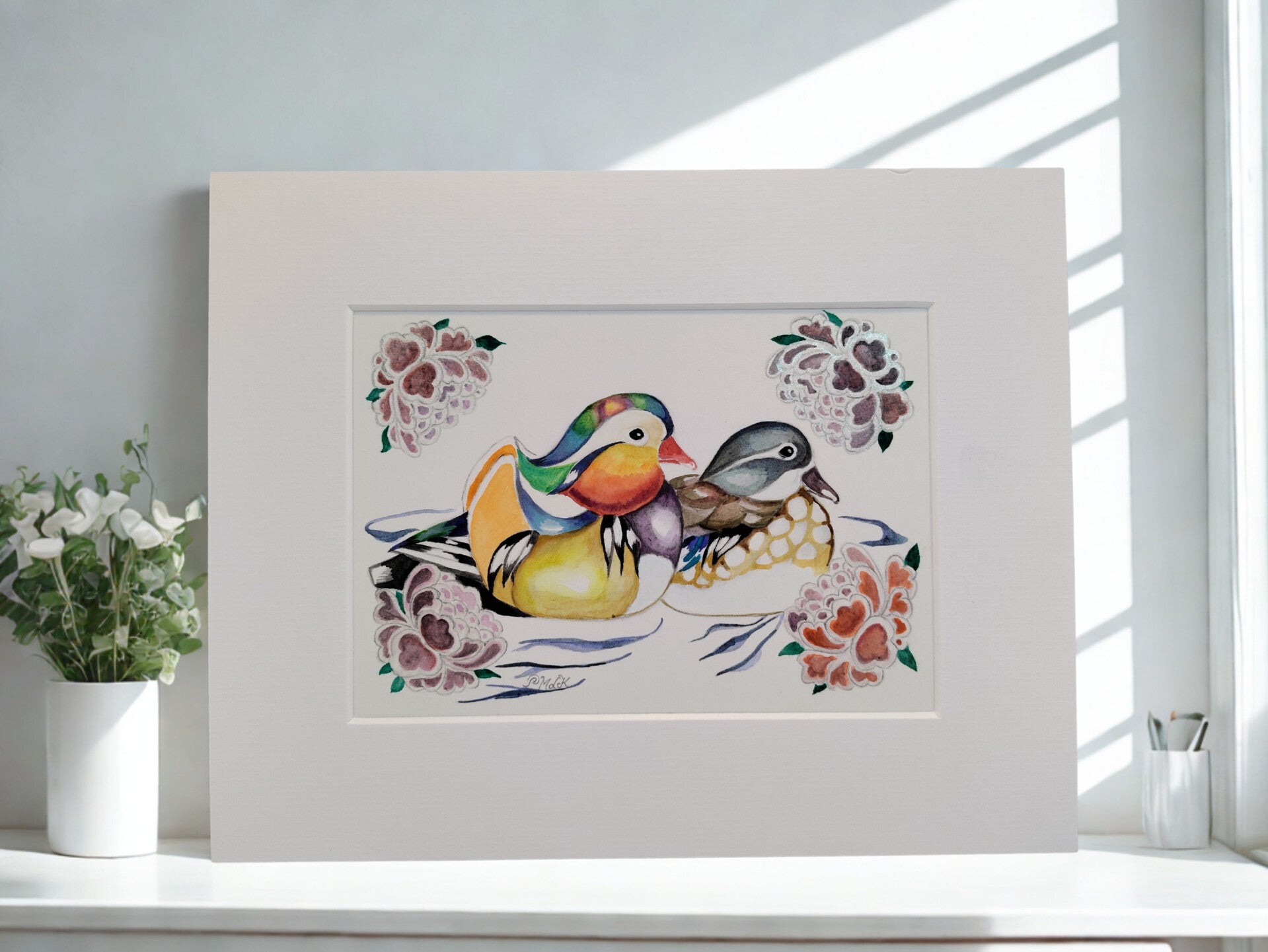 Mandarin Ducks with 4 Chrysantheums