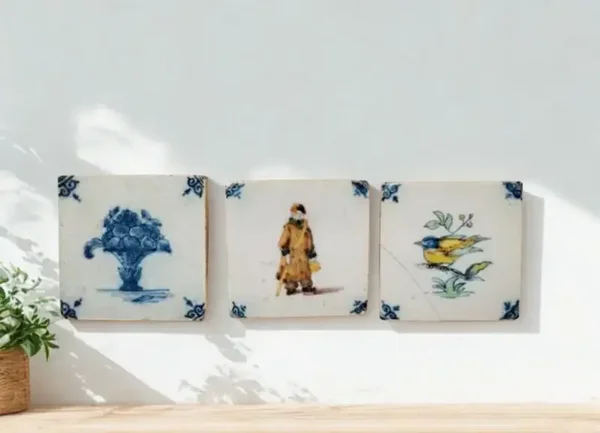 Set of 3 Antique Delft Blue Dutch Tiles