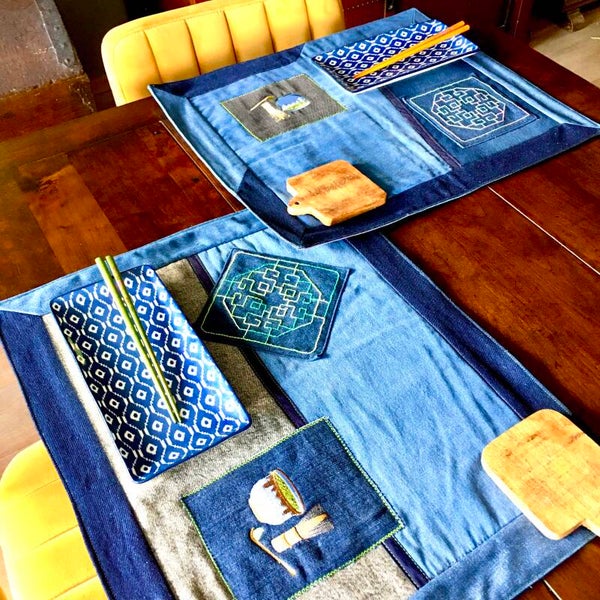 Handmade Denim Placemats with Matcha Embroidery — A Set of Two