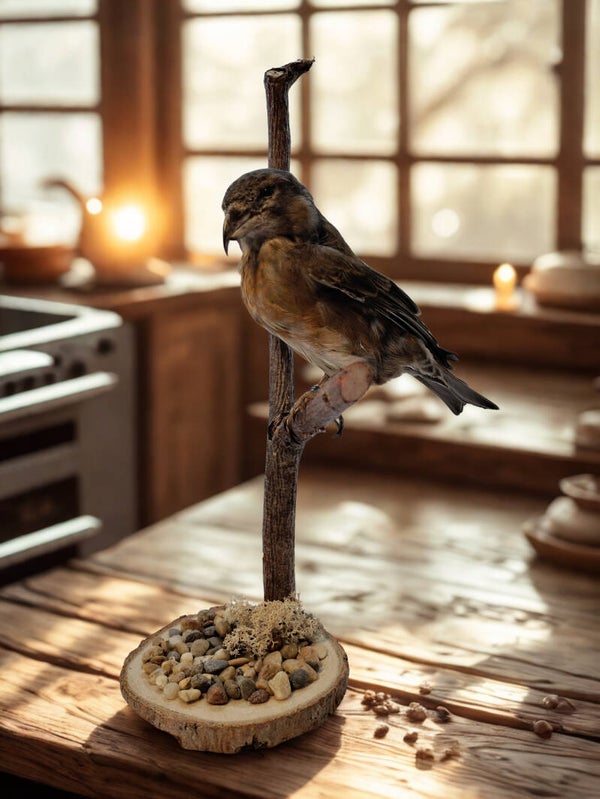 Crossbill Taxidermy Bird Mount on Natural Wood Display