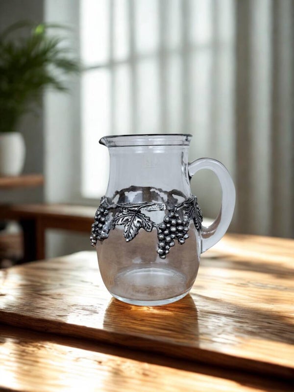 Vintage Italian Glass Pitcher with Pewter Grapevine Details – 0.25L Wine Jug